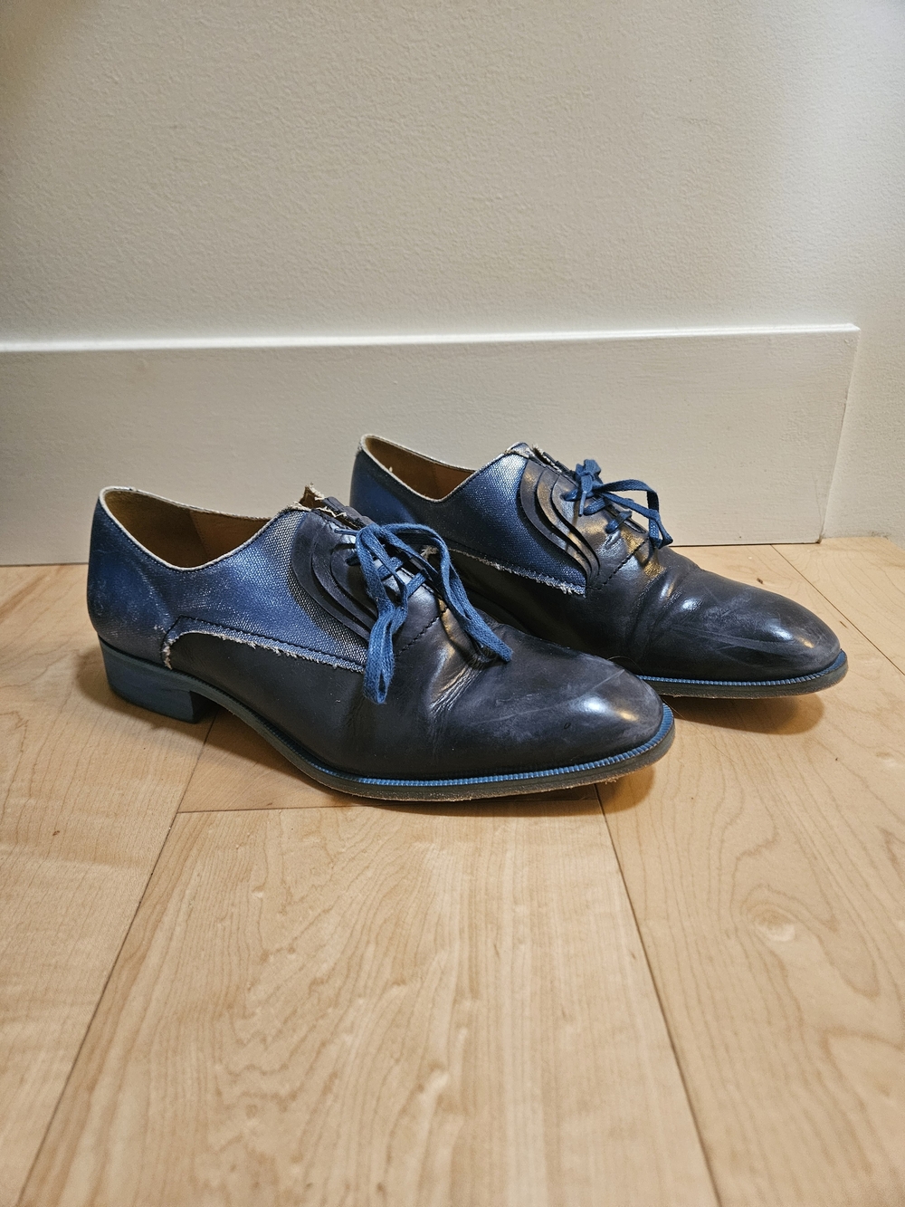 Fluevog Discontinued Denim + Leather Oxfords - Fluttered Oxford